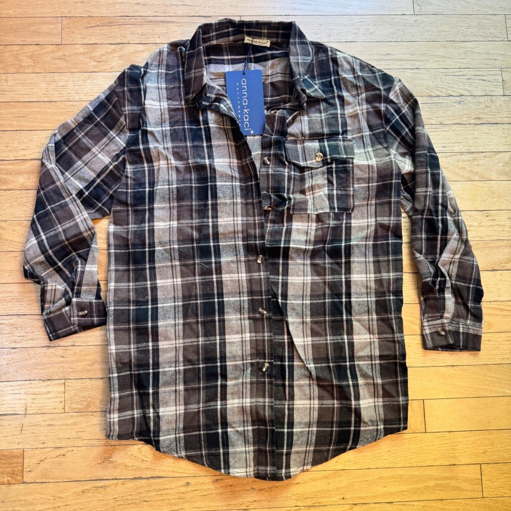 Anna-Kaci Brown Plaid Button Down Shirt Rayon Long Sleeve-M New‎